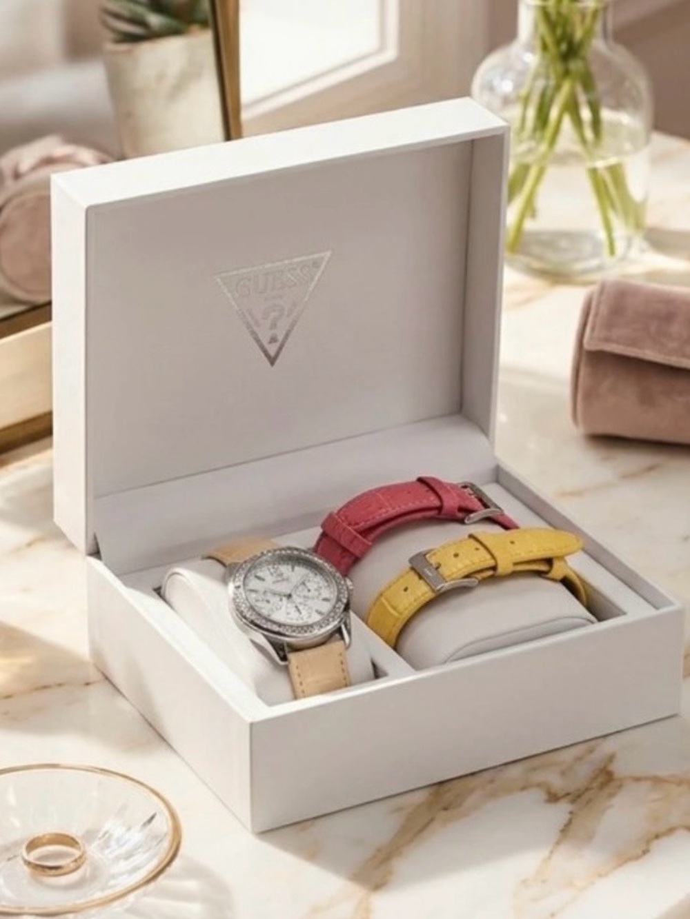 Guess Women's Crystal Bezel Watch with Pink, Yellow, and Beige Straps